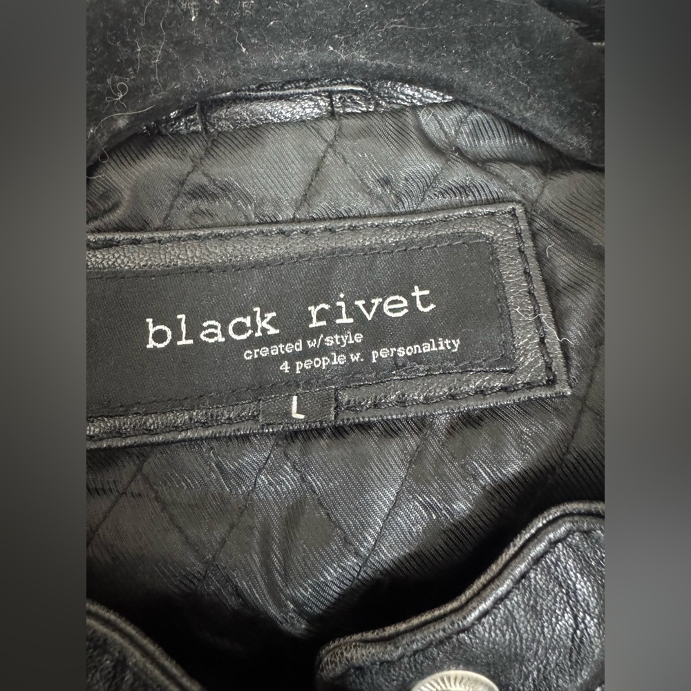 Black Rivet Genuine Leather Moto Jacket / Black Zippered Biker Jacket Size L - Picture 5 of 8